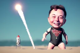 Elon musk as a baby building a Very tall Sandrocket on the beach. He is wearing a polkadot swimsuit