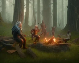 The Witcher, Geralt of Rivia, Jaskier the Bard, forest scene, around a campfire, Jaskier playing his lute, monster lurking in background behind a tree, DSLR, panorama, complementary colours, splash of colour, hyperrealism, 8k resolution concept art, intricately detailed