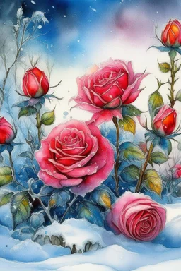 magic Winter landscape, blooming roses in the snow. Jean-Baptiste Monge style, watercolor, ink. Picturesque and colorful. Bright colors of the ring exquisitely luxury chic aesthetics photo harmony professional photo 64K pixel graphics high detail bright lighting