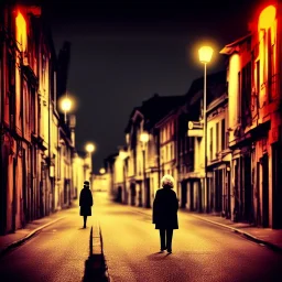 album cover a old woman walk in streat in dark night , some evels hiden in road