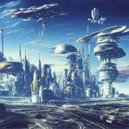 Spaceport on a heavy industrialized planet with a vibrant city in the background and a starting spaceship in the foreground, art by John Berkey, buildings with glass facades, insanely detailed, vibrant, 8k uhd, cinematic atmosphere, ultra-wide angle, street level view, brush strokes, blue sky with clouds, sharp focus