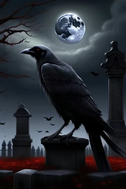 un cuervo de ojos rojos mirando la luna teticra con un cielo lugubre en un cementerio, imagen realista