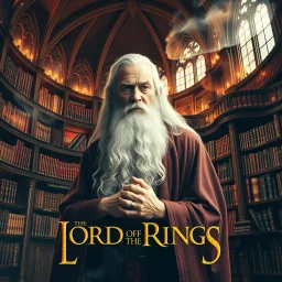 double exposure image of Gandalf the grey with a vast magical library, dramatic, stunning grand image, color photography, "Lord of the Rings" aesthetic, movie poster