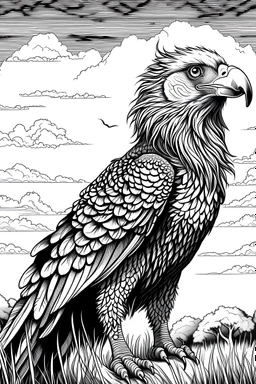 "aquila maestosa nella savana al tramonto, corpo intero, splendida illuminazione naturale, dettaglio della criniera, capolavoro, cartoon in bianco e nero"