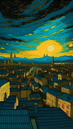 city in the year 0, anime style, in the style of vincent van Gogh