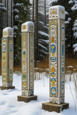 A silver tundra in winter with falling snowflakes designed in Pacific Northwest totem poles painted by Gustav Klimt