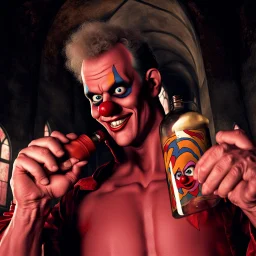 A clown that is looking Like the famous actor Randy West holding a bottle inside a church, little cartoony