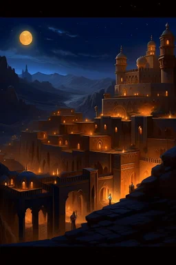 Create surrealistic image of a walled ancient city sitting in the distance at night as viewed from the rim of a canyon about the city. The city is lit with torch sconces around the perimeter with windows high up on the walls. Soldiers in armor patrol the walls surrounding the city under the flickering torchlight and a full moon above. One window high up on the wall has a red string hanging from it blowing in a gentle breeze