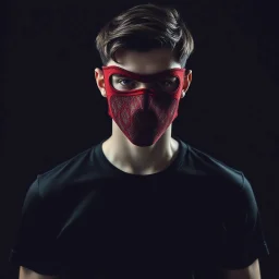 cover album,A male model wears a tshirt black, -fiber material that gives off a cool, metallic sheen. , complementing the minimalist, futuristic aesthetic of him look. Most strikingly, he wears a mask of persian carpet red, featuring elegant, . The mask is crafted from a fabric -like carpet, smooth yet detailed, allowing the model’s facial contours to subtly show through. This interplay between reality and illusion enhances the avant-garde, cyberpunk-inspired design with elements of biomimicry.