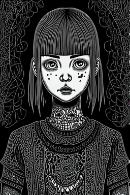 create a full body portrait illustration of a a gothpunk girl with highly detailed , sharply defined feminine facial features, in a chaotic, turbulent, otherworldly London in the style of Junji Ito, precisely drawn, inked, with dramatic edges,