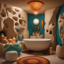 A whimsical and vibrant Nubian-style rustic bathroom featuring white cave rocks as decor. The room showcases colorful artistic Nubian furniture, intricate patterns, and designs under warm lighting. Cozy seating arrangements invite you in, creating a visually stunning and culturally rich aesthetic. With a playful and eclectic atmosphere, mixing textures and colors, the room exudes an epic realism in cinematic 8K quality.