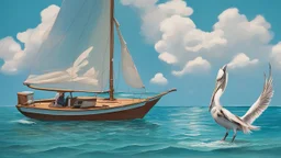 A small, brightly colored sailboat with a billowing white sail cuts through a turquoise ocean. The wind fills the sail, causing the boat to lean slightly. In the distance, fluffy white clouds drift across a clear blue sky. One majestic brown pelican with a large pouch full of water flies gracefully above the boat. The image evokes a sense of calm adventure, the refreshing scent of the ocean breeze, and the abundant wildlife. The style is as if a 5 year old did it with paint.