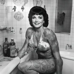 [photo by Russ Meyer] happy Oro wrestler Sherry Martel covered by tattoos for the Sordid Seventies in her bathroom
