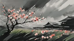 a garden before imminent storm, strong wind, a peach tree blossom petals blown in the wind, minimal acrylic and ink, (tint leaks:1.6), dark grey and green and peach blossom colors, harsh contrasts, windy dynamics