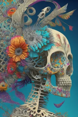artwork entitled "shaking the ghost out of the machine"; a skull growing fractals made of mixed media such as feathers, foliage, flowers, and gemstones instead of hair from the top of their head; optical art; surreal; quilling, masterpiece, Intricate, provocative, psychedelic, Magnificent.