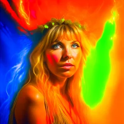 italian master painting, portrait of samantha fox hippie pixie hovering in the underground grove glowing spaghetti light, in the style of dali, 8k, down-light, soft light, depth of field, photo realism, trending on art station, high detail, smoke and fog