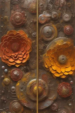 an abstract painting of rusted metal and flowers, african, rust, scaffolding, iron cladding, decay, mixed media, textured, anatomically correct, beautiful perfect face, sharp focus, highly detailed