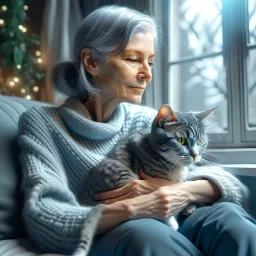 create a sleeping grey haired middle aged woman with chin length hair, sitting on a chair, in front of a window, holding her beloved gray and white tabby Oriental shorthair cat, also sleeping, in her arms. Serene peaceful calm. the snow falling outside