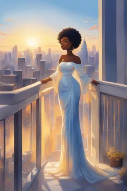 The scene opens onto a serene balcony overlooking a bustling city skyline. The sky above is painted in soft hues of blue and yellow as the sun begins its descent, casting a warm glow over everything it touches. In the foreground stands a captivating figure, airbrush chibi cartoon curvy black woman exuding confidence and elegance. She is adorned in a flowing white knit maxi dress that hugs her curves in all the right places, accentuating her silhouette. Her choice of footwear is equally stunning