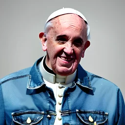 Pope wearing cool jean jacket 1990s style color studio lighting telephoto lens