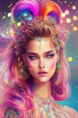 photorealistic painting ((full body)) portrait of ((stunningly attractive)) a woman at a music festival, ((perfect feminine face)), (+long colorful wavy hair), (+glitter freckles), glitter, wearing a dress, intricate, 8k, highly detailed, volumetric lighting, digital painting, intense, sharp focus, art by artgerm and rutkowski and alphonse mucha, cgsociety,sitting on a magestic chair