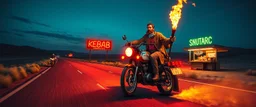 The kebab man driving fast on his holy motorcycle, fire from the exhaust, holy widescreen picture, holy empty road on the holy country at night, comic style, no helmet and he have a long holy black beard, neon kebab signs along the road, jesus stand at his market stand selling holy kebabs