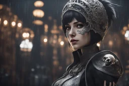 Beautiful girl with skull in her face in 8k nier automata artstyle, Wednesday them, hollow knight Custom, close picture, rain, fantasy world, intricate details, highly detailed, high details, detailed portrait, masterpiece,ultra detailed, ultra quality