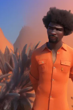 3D render of a cyberpunk tribal young black man, black afro hair, ragged shirt, on a orange dune background, digital art