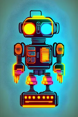 "Design a retro 80s-inspired science fiction robot logo. Craft a nostalgic, yet futuristic robot character with a touch of neon and pixel art influence. Embrace the sci-fi aesthetics of the era, combining the charm of vintage technology with a hint of cyberpunk for a timeless logo design."