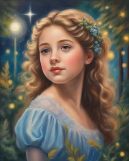 Oil pastel painting of a beautiful girl in a dreamy forest, beautiful portrait painting, Anne Shirley, dress with puffy sleeves, glow, sparkles, oil pastel painting, inspired by Thomas Kinkade, detailed oil pastel painting, beautiful flowers, dream, pretty face, fantasy art, moonlight, young girl, fairy, fine detail, dynamic, colorful oil pastel painting, vibrant painting