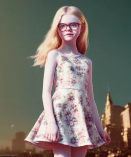 Elle fanning toddler, full body, city background, floral dress, dramatic lighting, hyper realistic