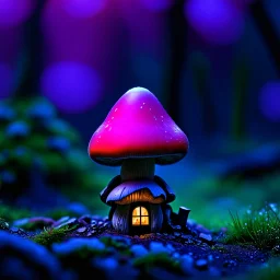 "Close up of a wonderful tiny Mushroom Tower home. Magenta and red with bright white, deep black and contrasting tones of gray magenta and violet colors. Illuminated bioluminescent forest. Professional painter, master at composition. small but detailed. broken, blurred background, voluminous lighting"