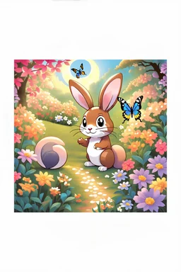 Dark moonlight calmly falling over a piece ful sleeping garden. Blue and white colors in the same style as reference image, the bunny, squirrel and butterfly are seen from behind looking at the shining moon