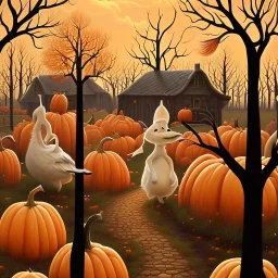 Painting of a path through a pumpkin patch, swan country, whimsical art, late autumn, village in the woods, Jane Newland, whimsical fantasy landscape art, spooky autumn colors, in autumn, by Janet Archer, by Sheila McLean, very coherent works Stylish Art, by Elaine Hamilton, Landscape Works, by Jane Kelly, Amazing Art, by Tom Scott RSA