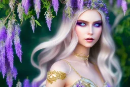 Fantasy cute elf with luminecent wings, smiling, make up, long blond platinum hair, blue eyes, crown, beautiful dress, wisteria flowers and mushrooms in background, HQ, high key lighting, volumetric light high details