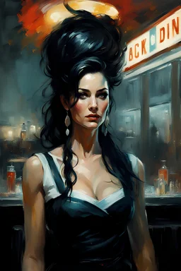 muscular stunning tall russian woman 35yo with long black hair wearing as a waitress in a 50s diner smiling :: dark mysterious esoteric atmosphere :: digital matt painting with rough paint strokes by Jeremy Mann + Carne Griffiths + Leonid Afremov, black canvas, dramatic shading