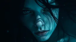 close up face shadow eyes, void, pain, hyper-realistic detail, floats in deep sea, Dark sea ten and in her hair, drils and shadow around, abyss, fog, Style crepy stunning, dark, surreal vibe underwater and meticulous detail clean pale skin and face. dark shadow and weird mood