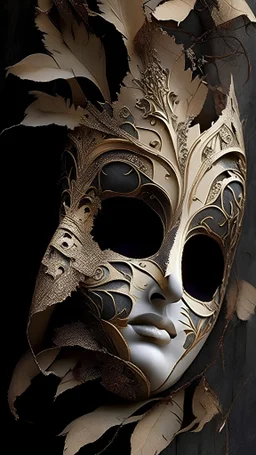 A beautifully adorned masquerade mask, delicately cracked to symbolize the unveiling of one's true self through love.