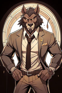 Buff, anthro, wolf, himbo, black fur, gold eyes, wearing a suit, full-body, muscles, strong, muscular, man boobs, bulky, tail, dark fur, smug grin, hands on hips, furry-himbo, broad shoulders, wide hips,