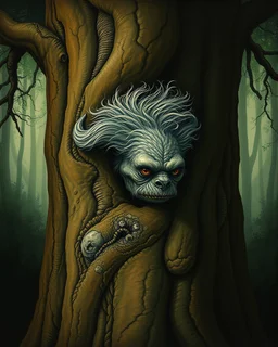 Bosch painting style , a hairy creature hiding behind a big tree , half of his body and face is showing up