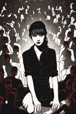 Image of a woman sitting alone, surrounded by shadowy figures whispering in her ear, suggesting the influence of manipulation and dark psychology on individual perceptions of attractiveness Give it a very dark frightening vibe. Use black and red theme.