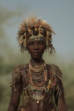 african portrait, warrior costume, village, meditation, woods, galaxy sky, 8k quality