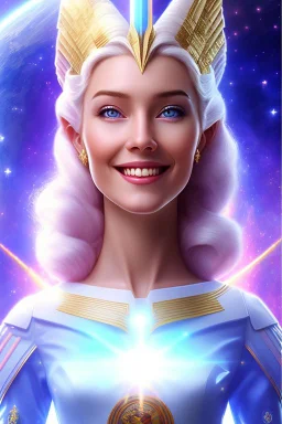 young cosmic woman smile, admiral from the future, one fine whole face, large cosmic forehead, crystalline skin, expressive blue eyes, blue hair, smiling lips, very nice smile, costume pleiadian,rainbow ufo Beautiful tall woman pleiadian Galactic commander, ship, perfect datailed golden galactic suit, high rank, long blond hair, hand whit five perfect detailed finger, amazing big blue eyes, smilling mouth, high drfinition lips, cosmic happiness, bright colors, blue, pink, gold, jewels, realistic