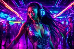 dancing in silent disco a young asian woman with long extrem hair, stunning futuristic dress and make up, wearing headphones and looking you attraktive, The atmosphere is enhanced in disco bar with neon lights, cyberpunk vibe, futuristic, light lines, photorealistic, in background blure light and blur dancing people