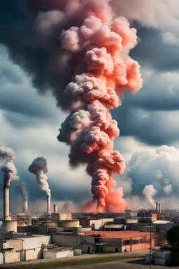 Wild storms, high temperature heat waves, droughts, extreme weather, global warming, factories emit colorful toxic smoke, CO2 gas