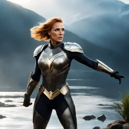 [movie by Zack Snyder] a new legend begins. High above the glistening lake, Toni Collette soars as a super heroine. With each graceful movement, she leaves a trail of stardust that sparkles in the sunlight, a testament to her power and grace.