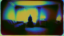 a strange figure in a living room at night polaroid