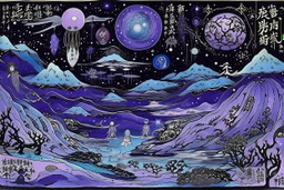 A purple outer space with ghosts of illusion designed in native American petroglyphs painted by Utagawa Hiroshige