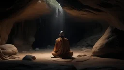 Buddhist monk meditating in cave