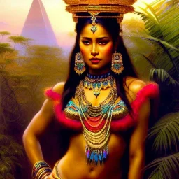 Drawing of beautiful face,busty Aztec Queen,sweet stare,aztec piramid,jungle,balanciaga fashion clothe painting by gaston bussiere, greg rutkowski, yoji shinkawa, yoshitaka amano, tsutomu nihei, donato giancola, tim hildebrandt, oil on canvas, cinematic composition, extreme detail,fit full head inside picture,16k